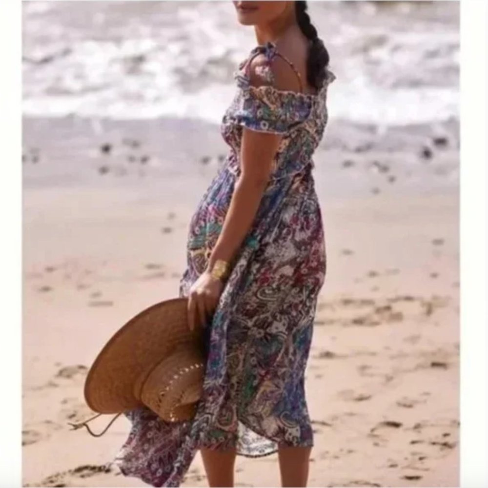 NWT Anthropologie | Blue Tan Smocked Gauze Criss-Cross Paisley Print Maxi Dress - Picture 2 of 10